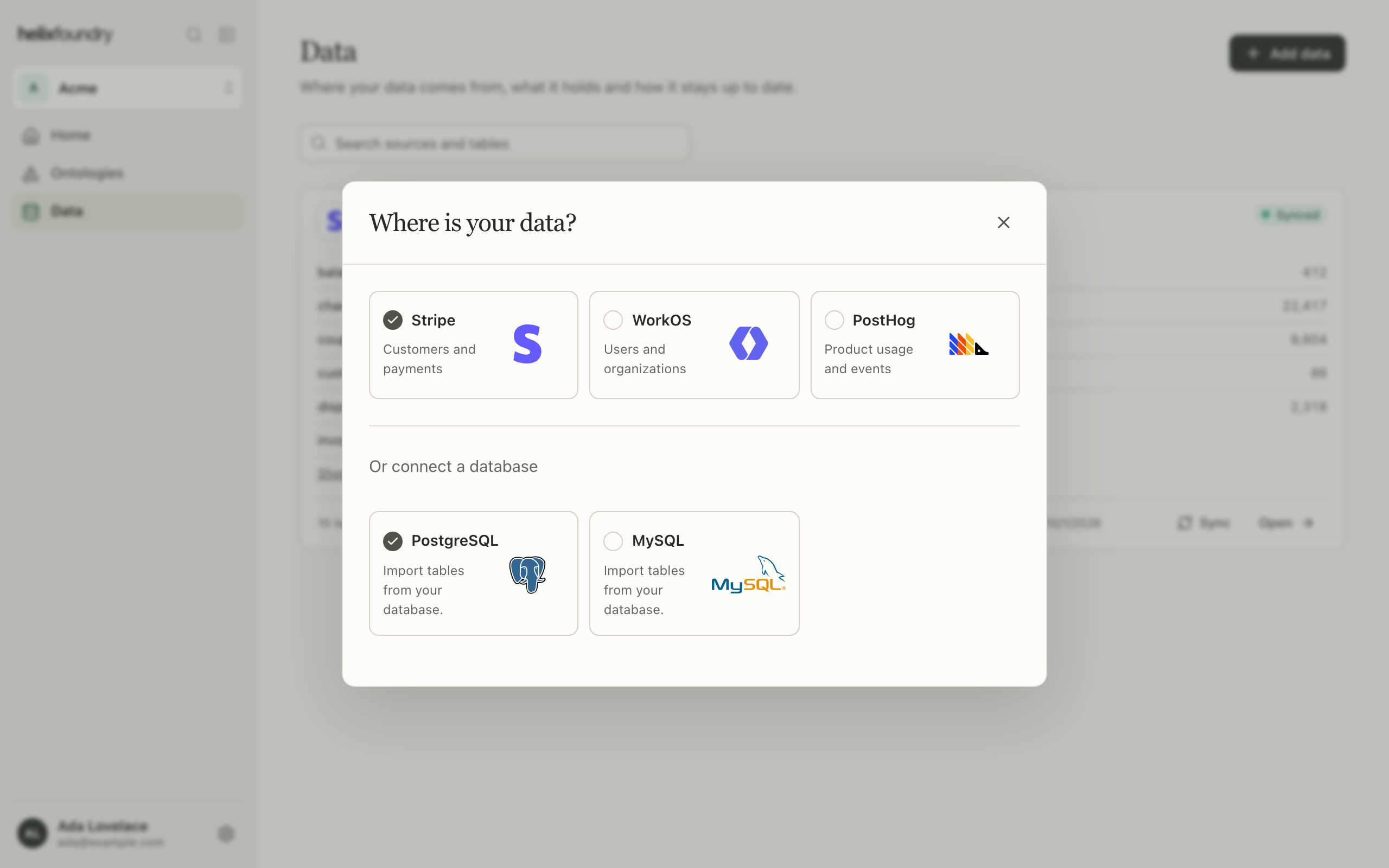 The Where is your data? picker with Stripe, WorkOS, PostHog, PostgreSQL and MySQL