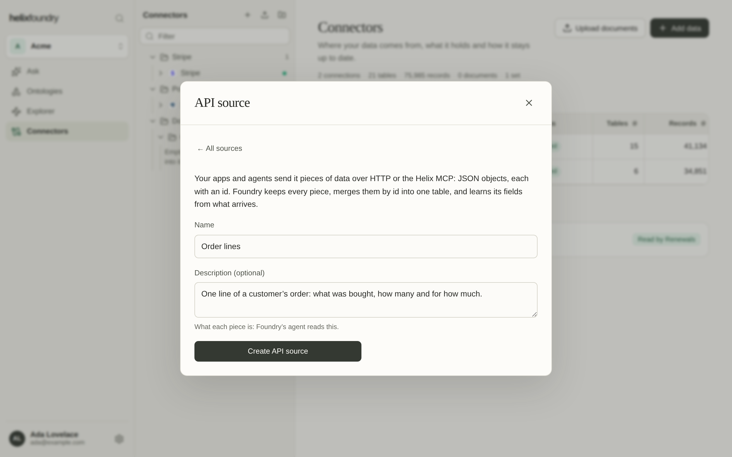 The API source form with the name Order lines and a description of what each piece is