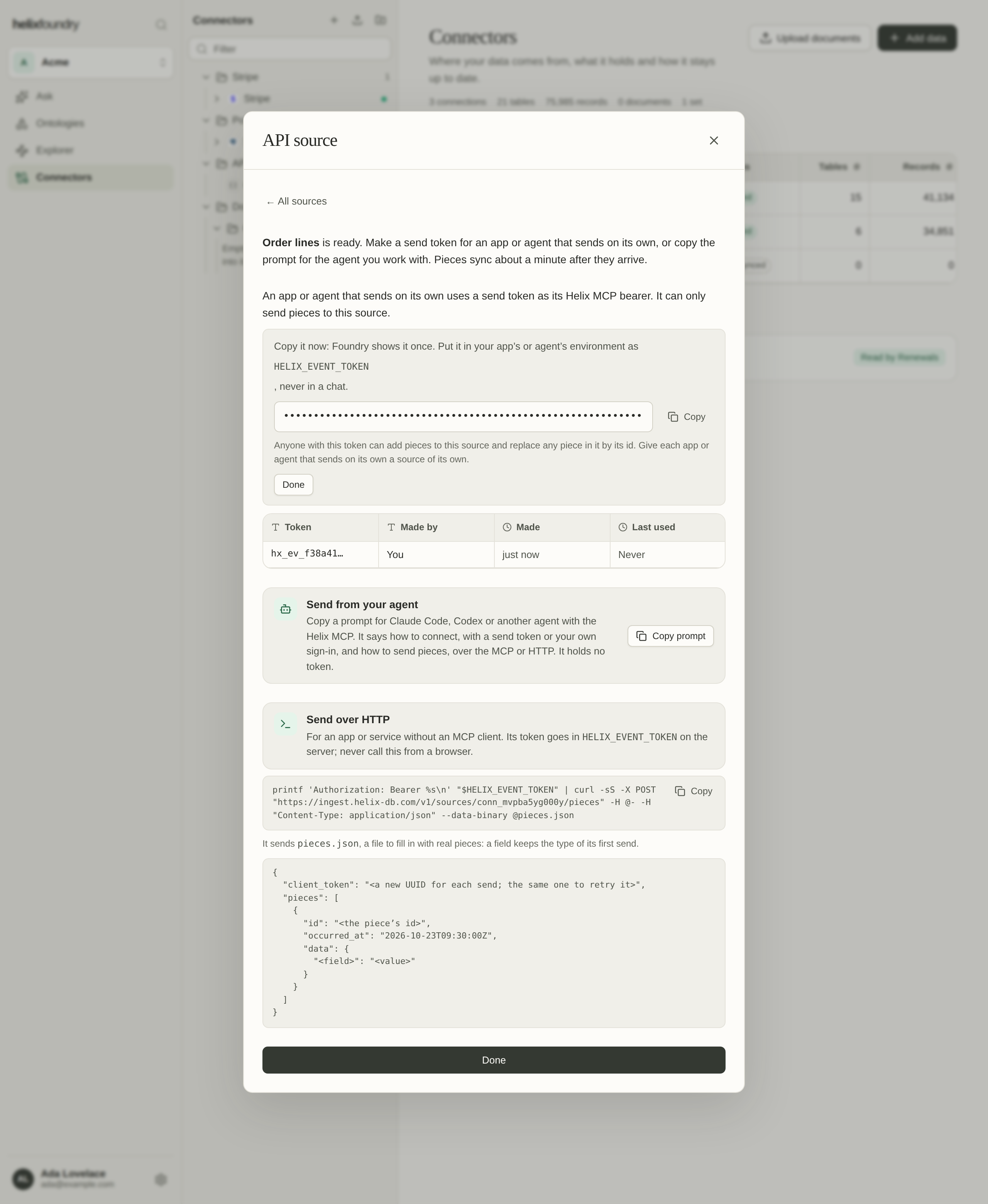 Order lines is ready: a new send token to copy, the send tokens list, Copy prompt for the agent, and Send over HTTP with its curl command and pieces.json