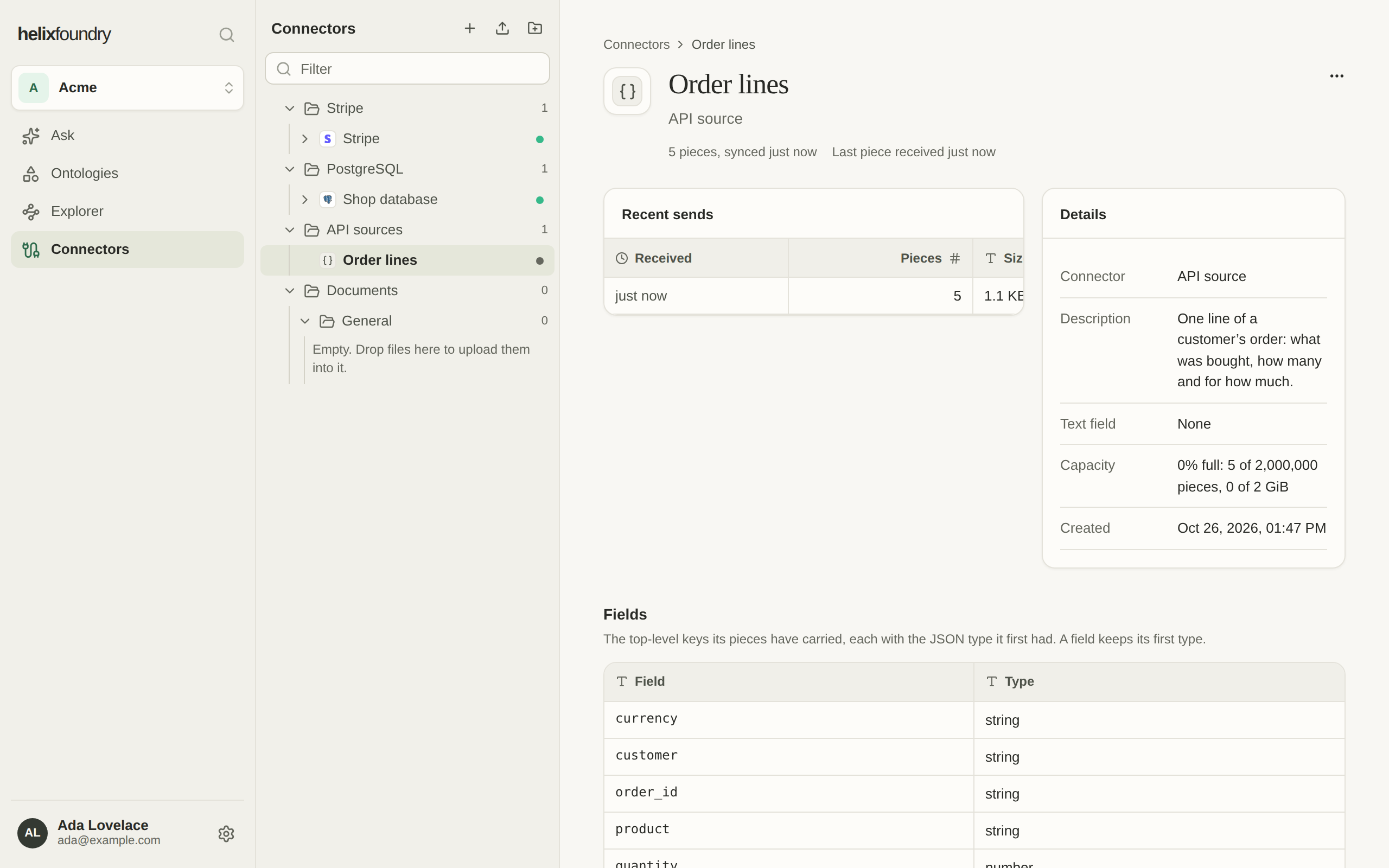The Order lines API source: its recent sends, its details with capacity, and its fields order_id, customer, product, quantity, unit_price and currency