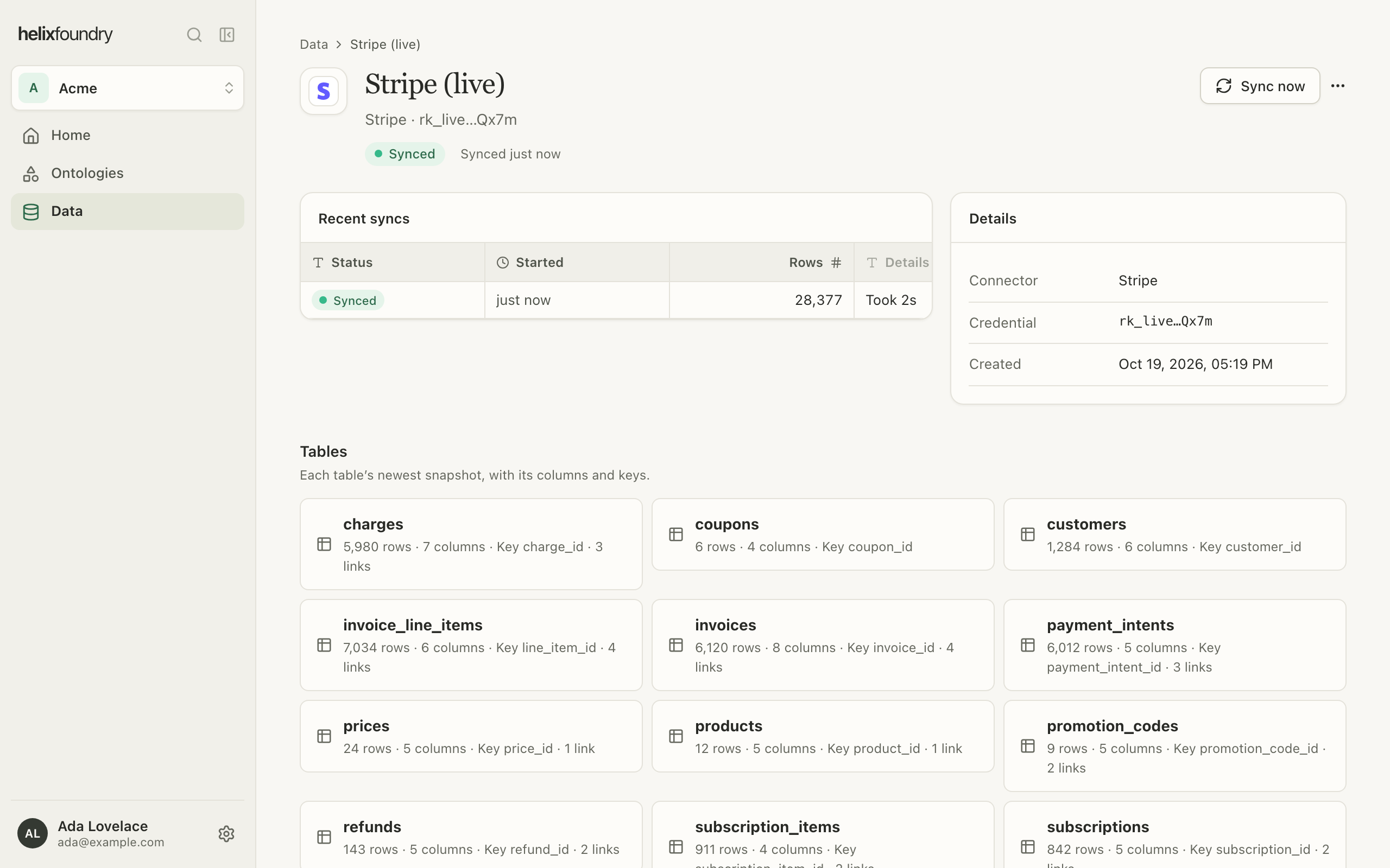A synced Stripe connection with its recent syncs, details and table cards