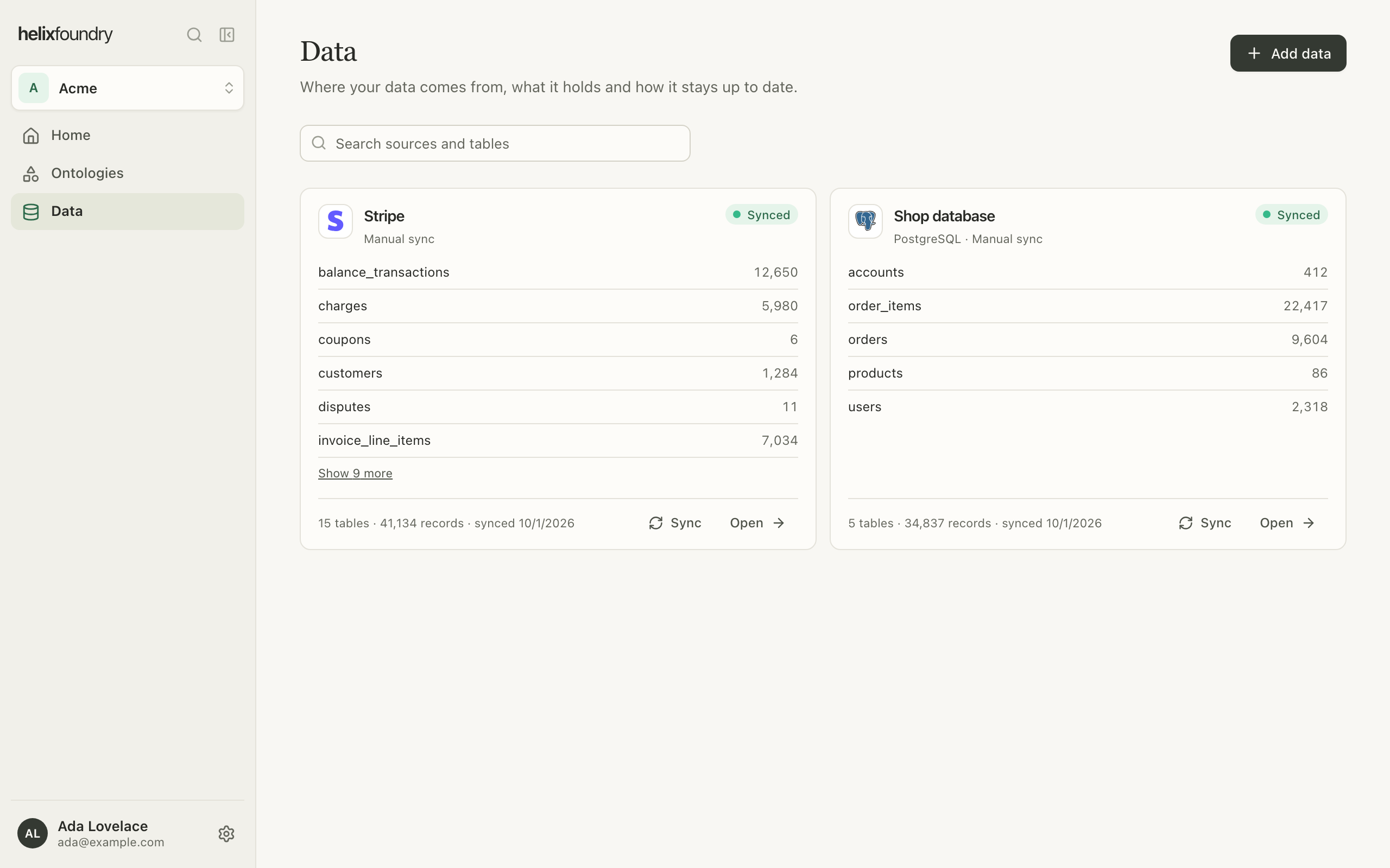 The Data page with a synced Stripe connection and a synced PostgreSQL database