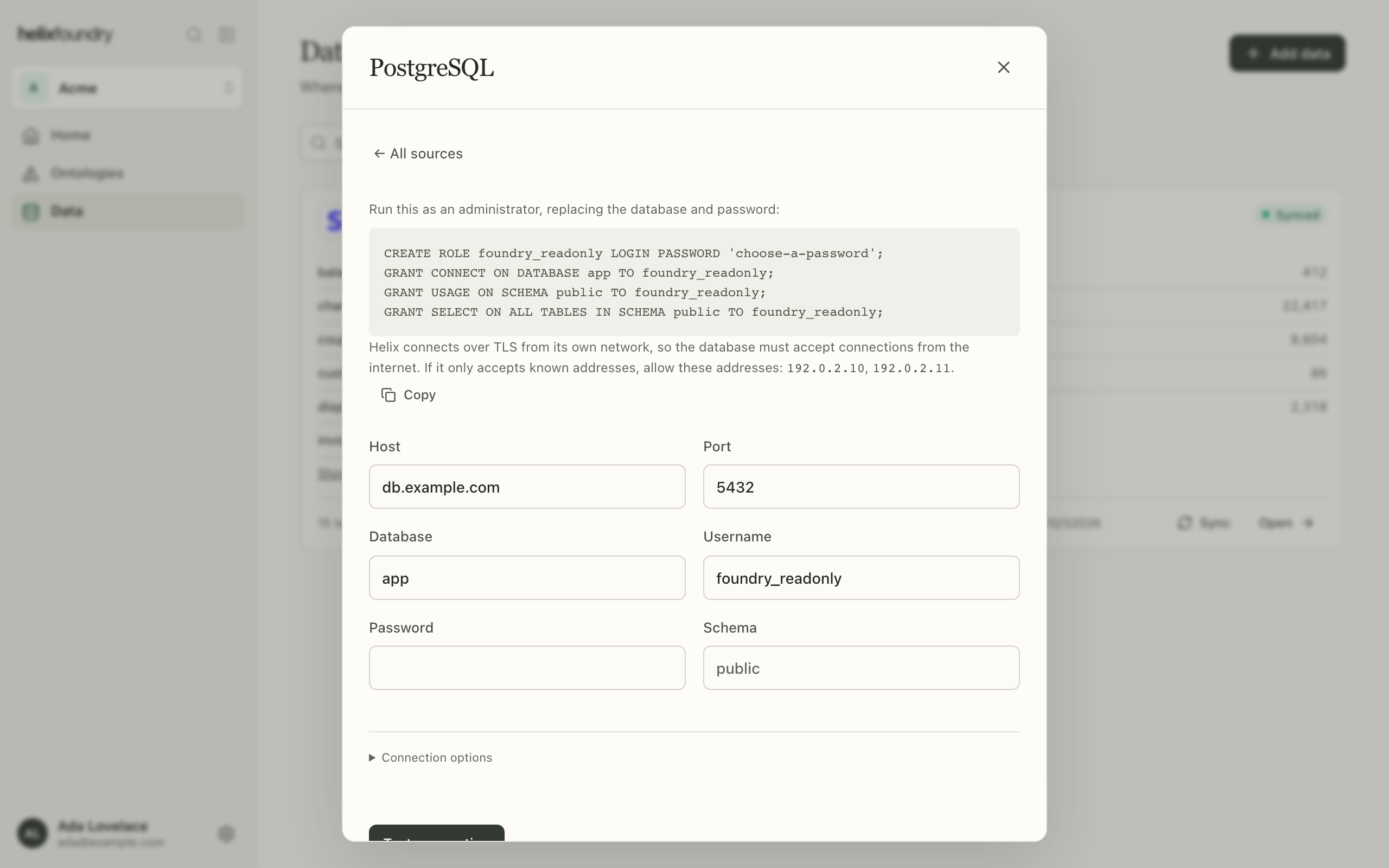 The PostgreSQL form with the read-only user SQL, the outbound addresses and the connection fields