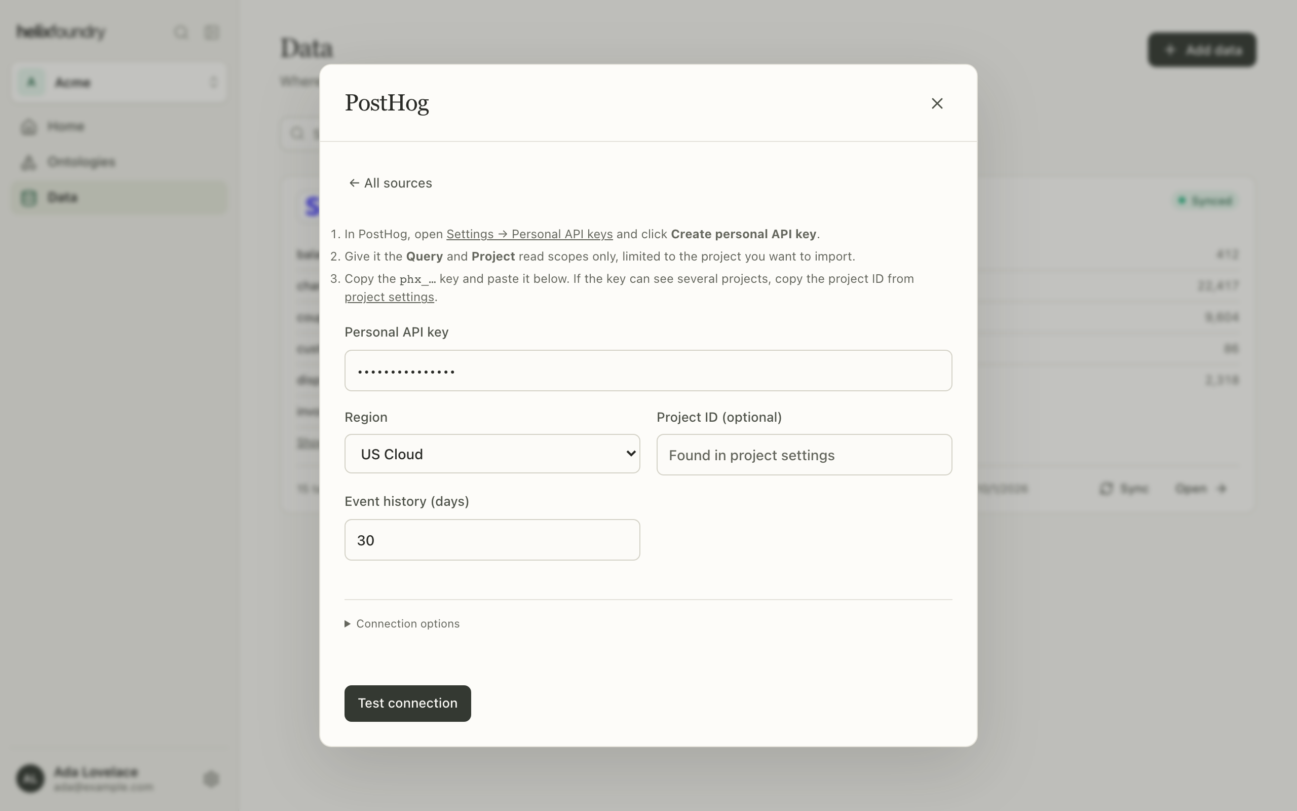 The PostHog form with the personal API key, region, project ID and event history fields