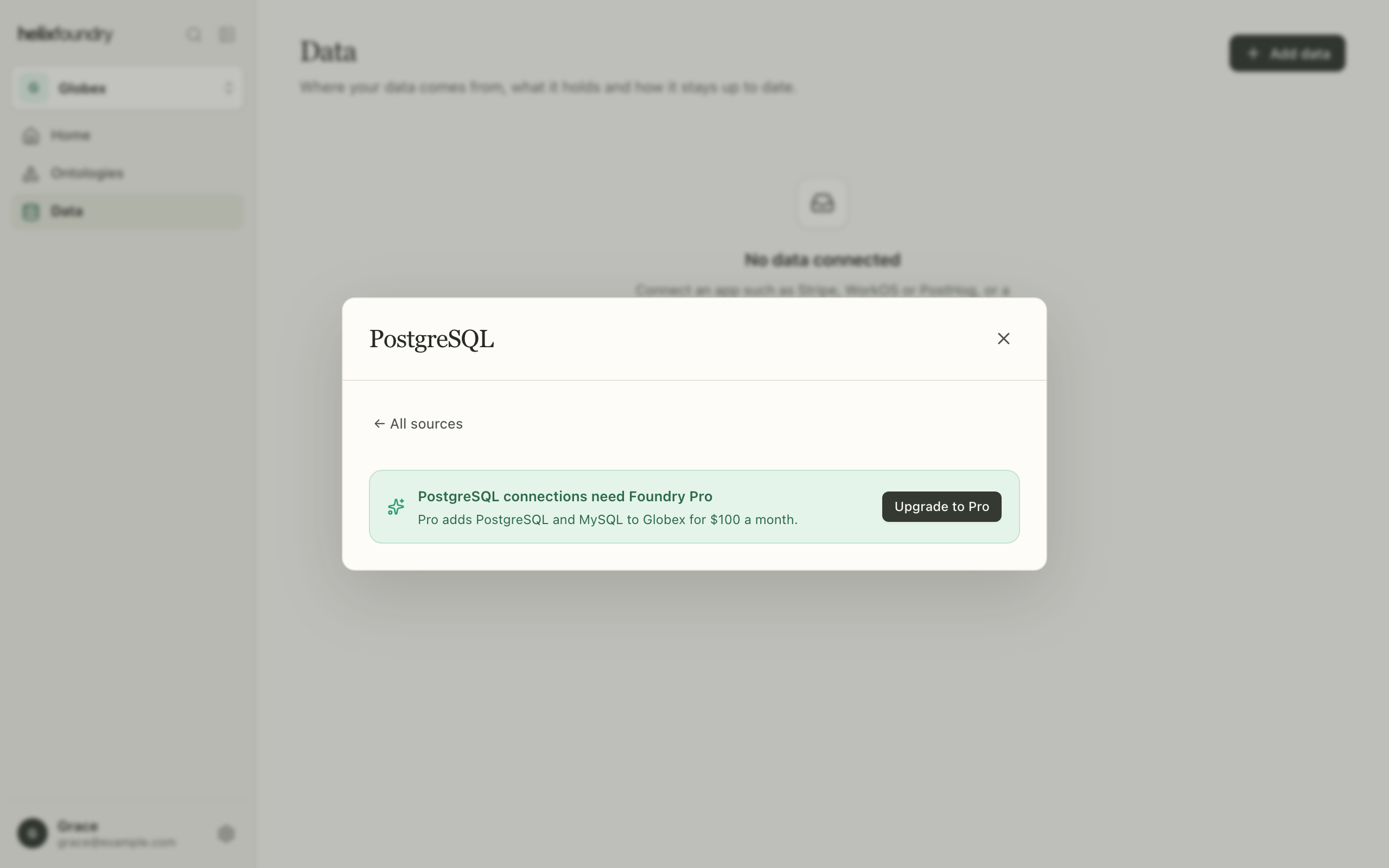 Choosing PostgreSQL on Foundry Free: PostgreSQL connections need Foundry Pro, with Upgrade to Pro