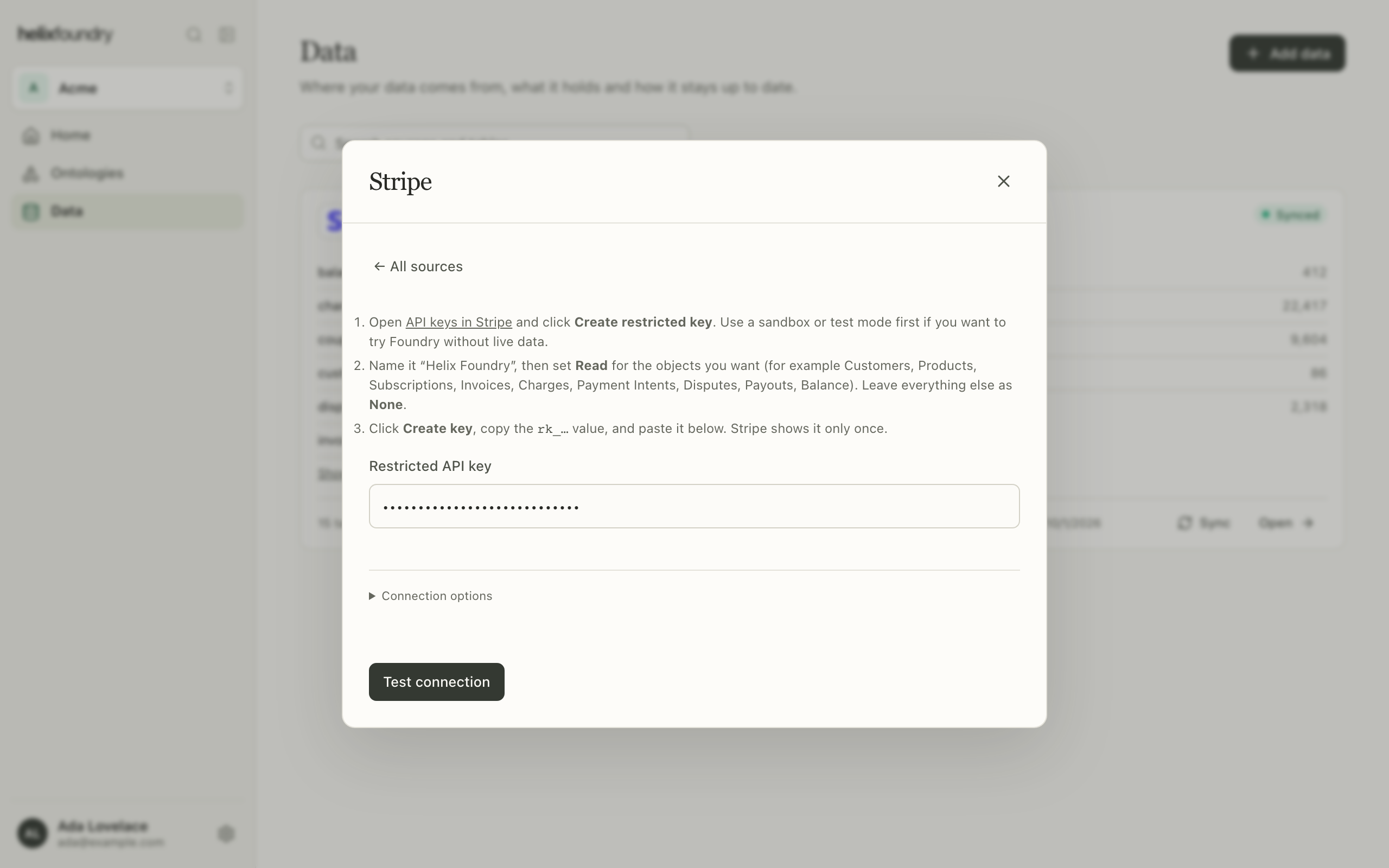 The Stripe form with its three numbered steps above the Restricted API key field