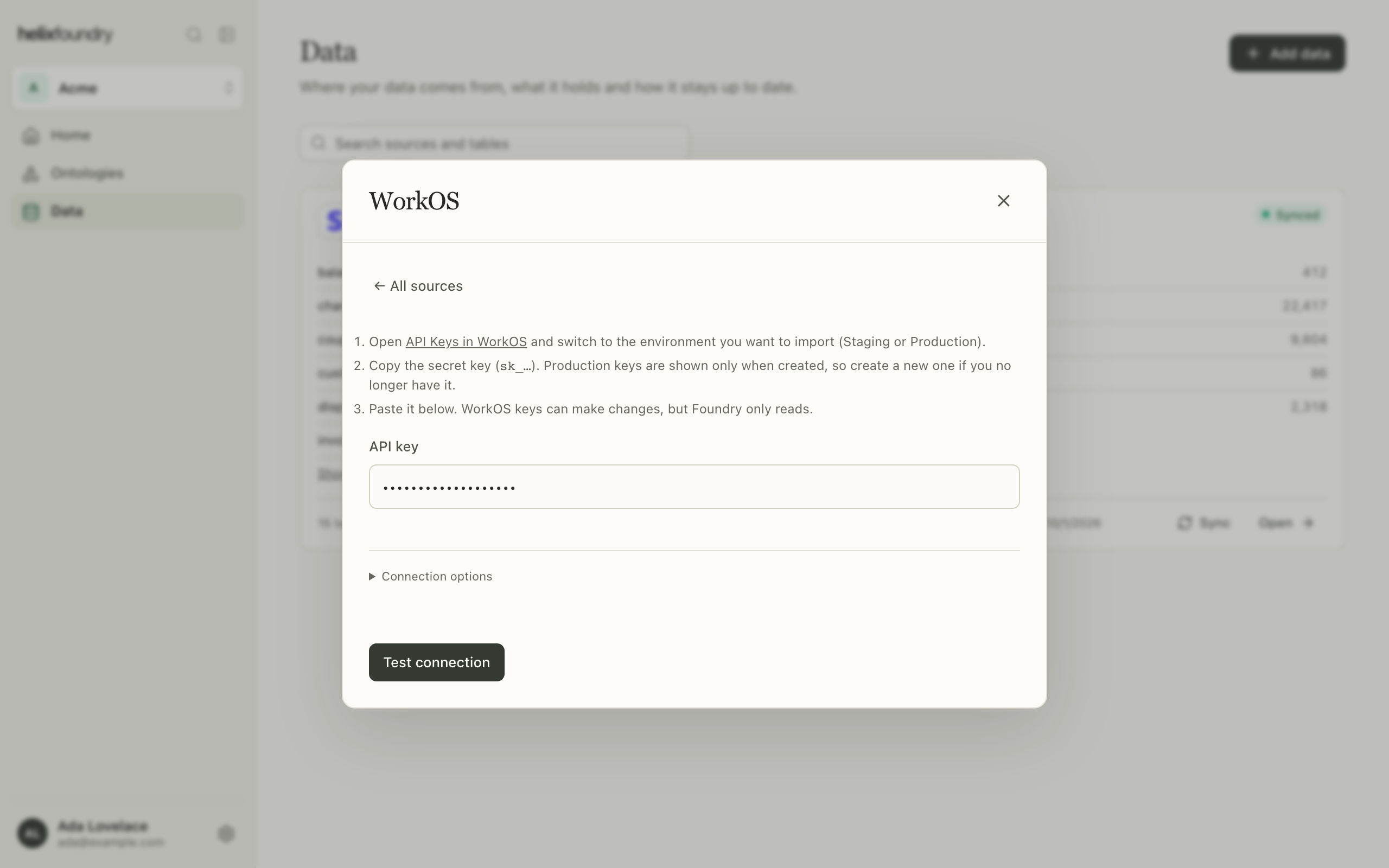 The WorkOS form with its steps and API key field