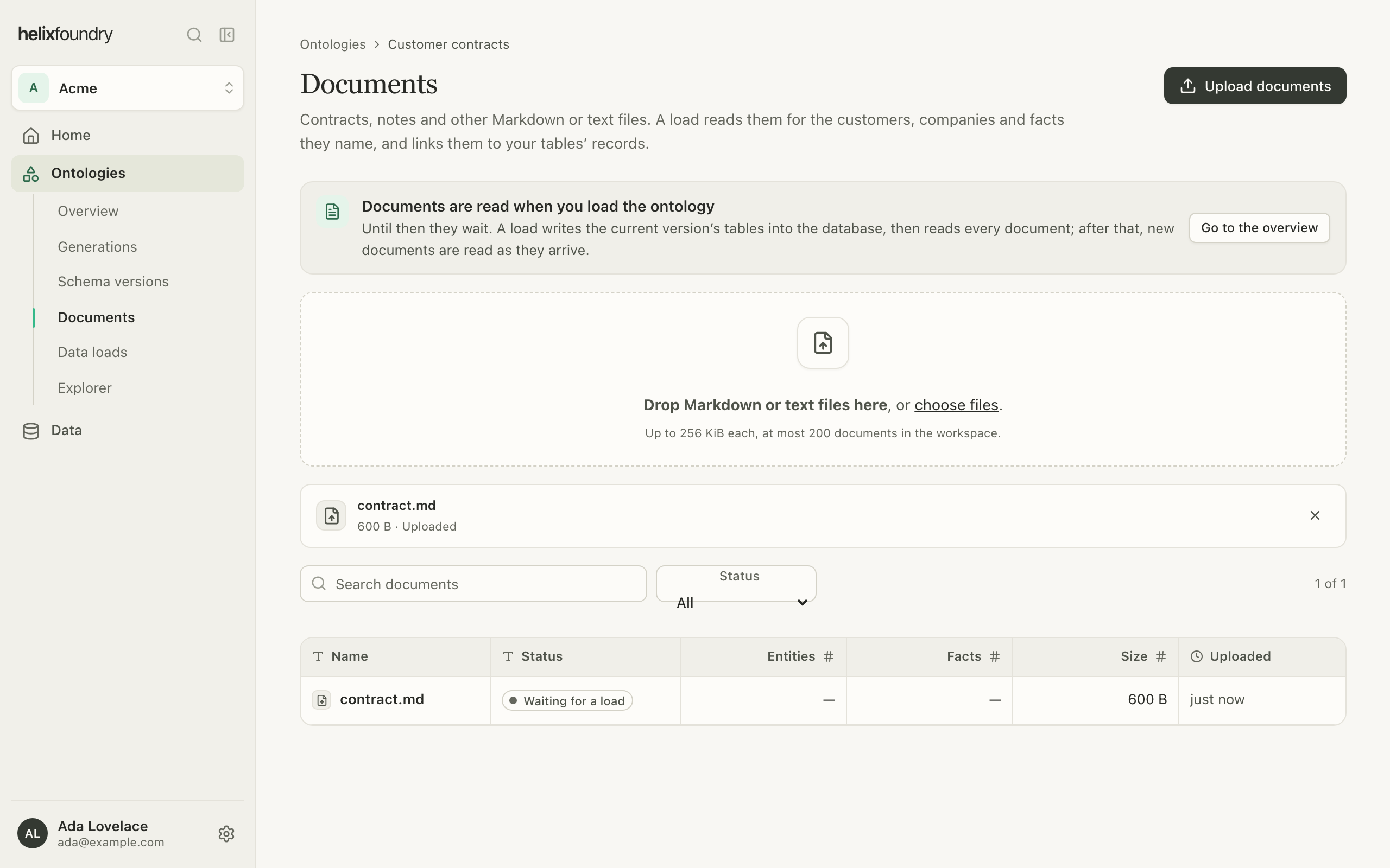 The Documents page with contract.md uploaded