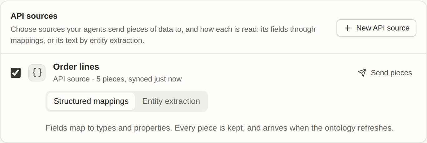 Generate's API sources section with Order lines chosen and read through Structured mappings