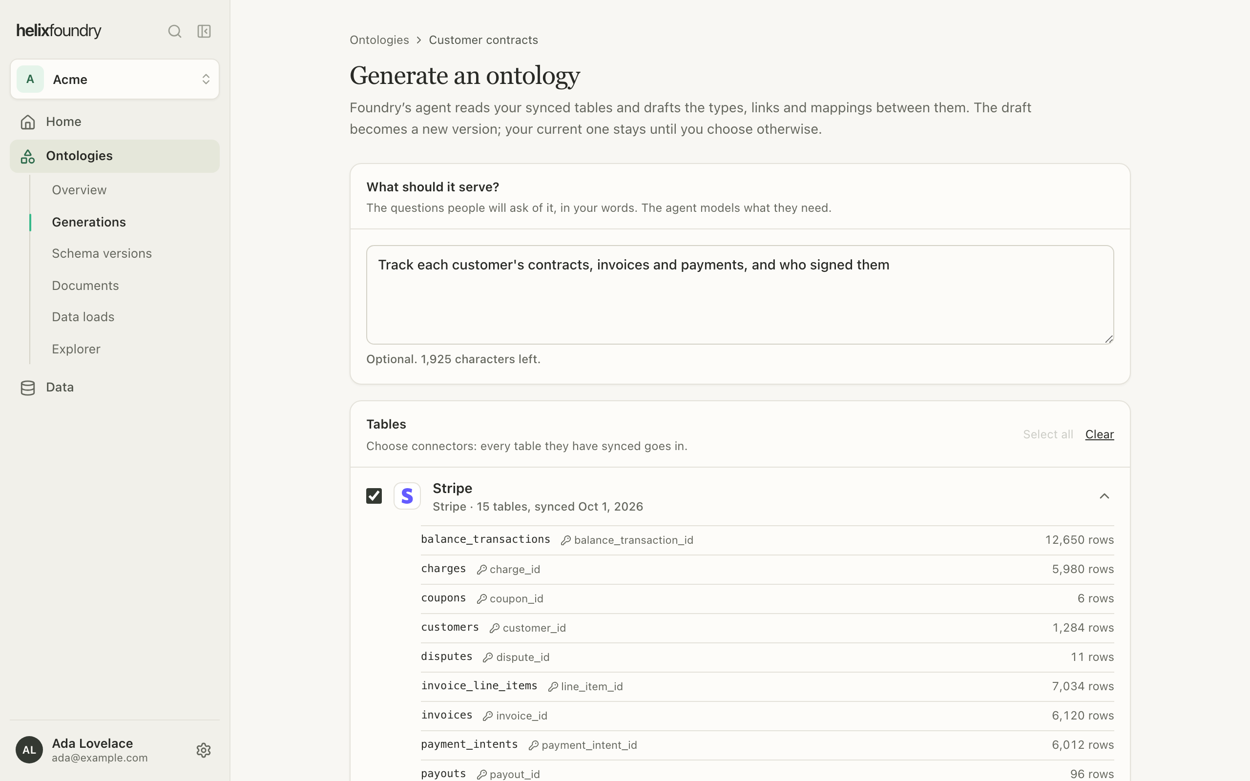 The Generate an ontology form with a goal and the Stripe and Shop database connectors selected
