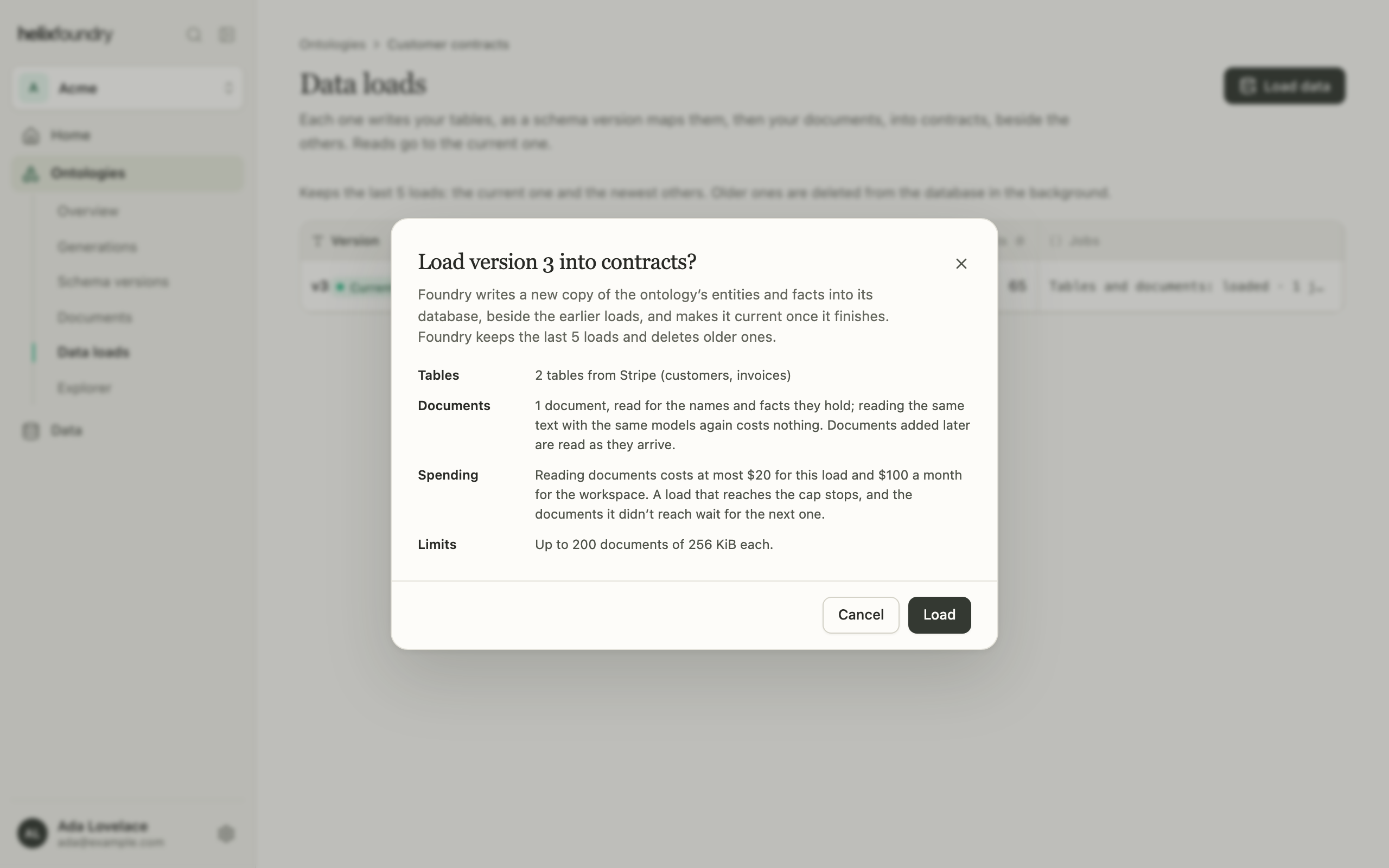The Load version 3 into contracts dialog with the tables, documents, spending and limits