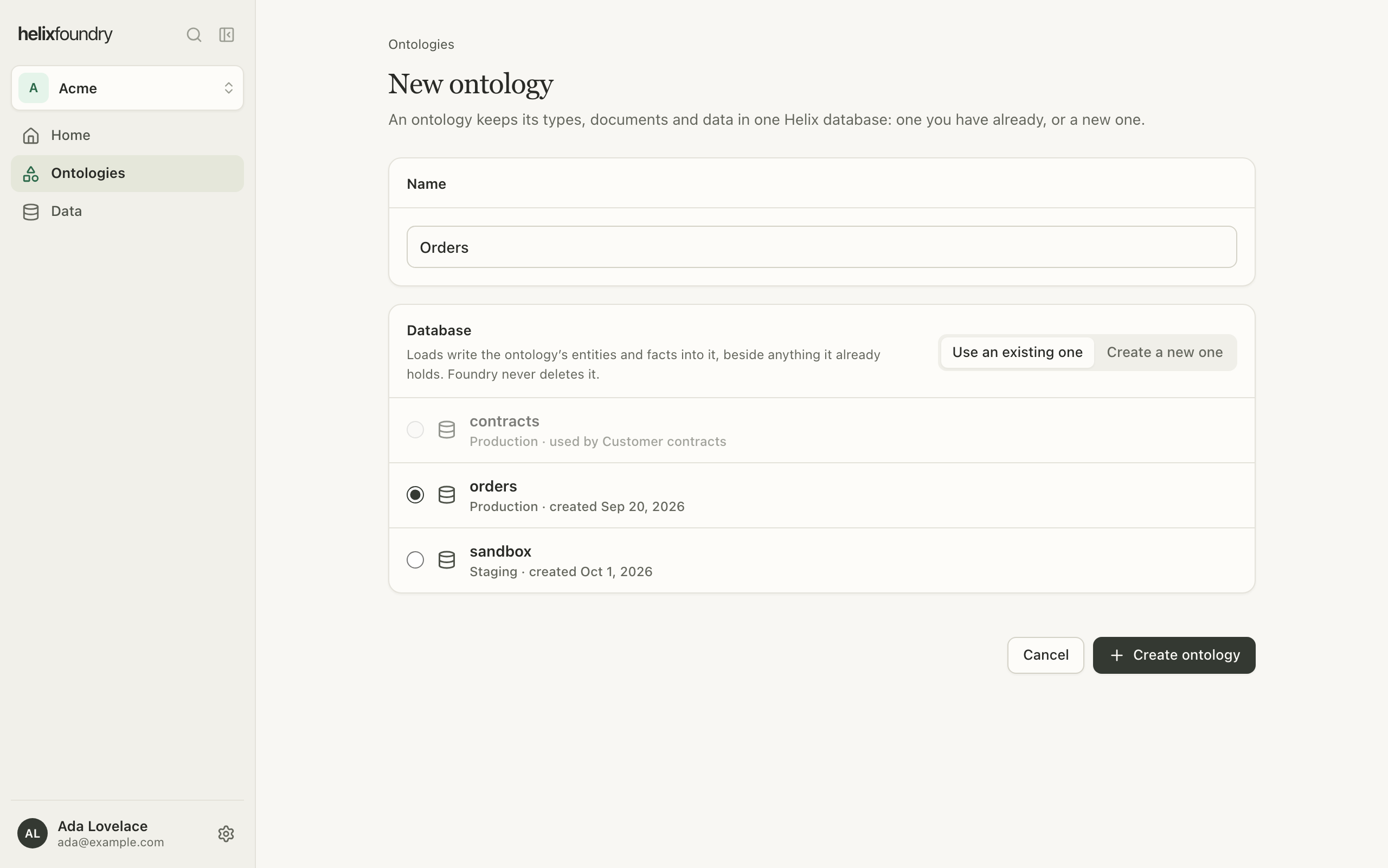 The New ontology form with a name and an existing database selected