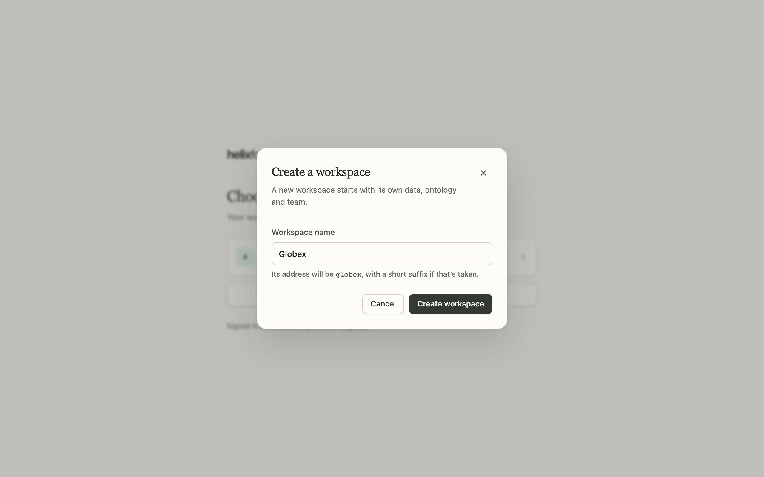 The Create a workspace dialog over the workspace picker