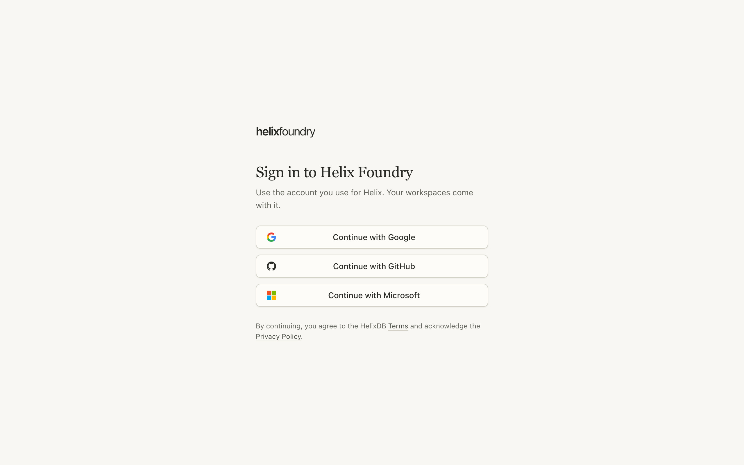 The Helix Foundry sign-in page with Google, GitHub and Microsoft buttons
