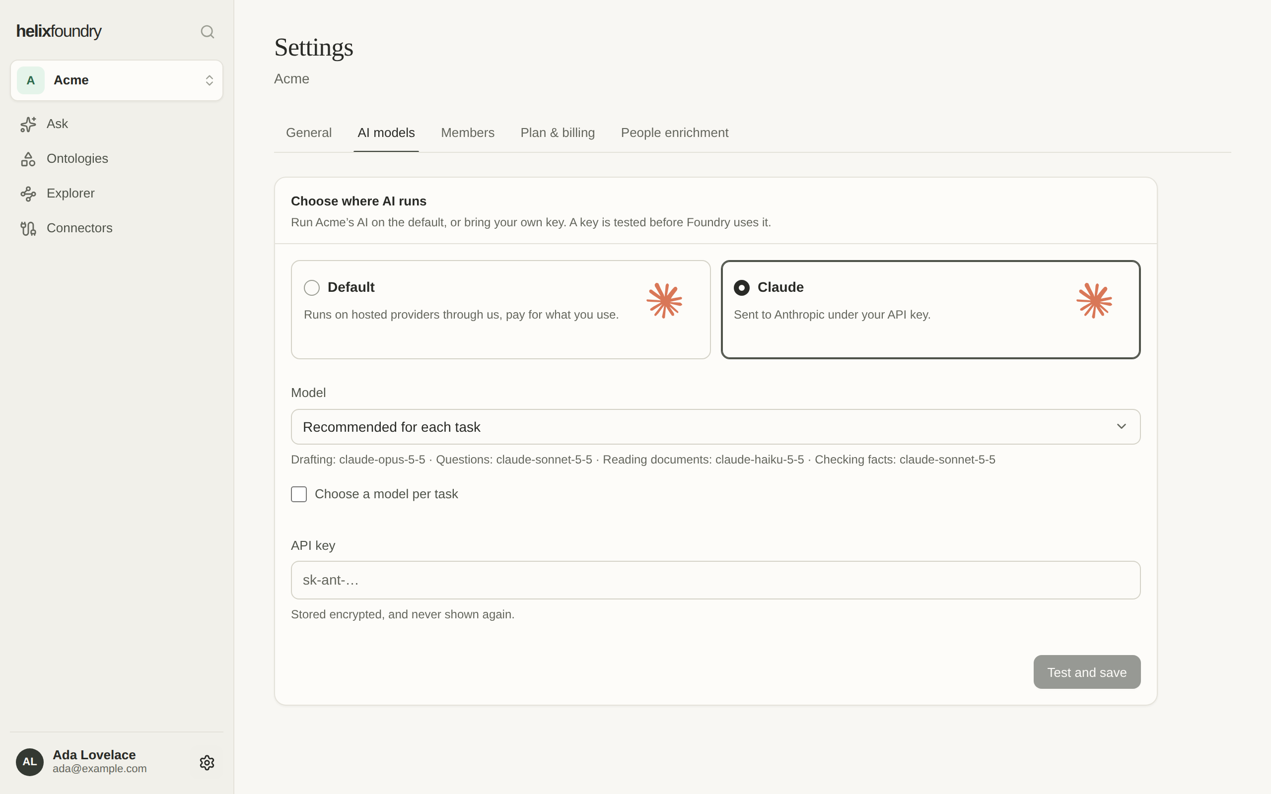 AI models with Claude chosen: the API key field and the model for each task