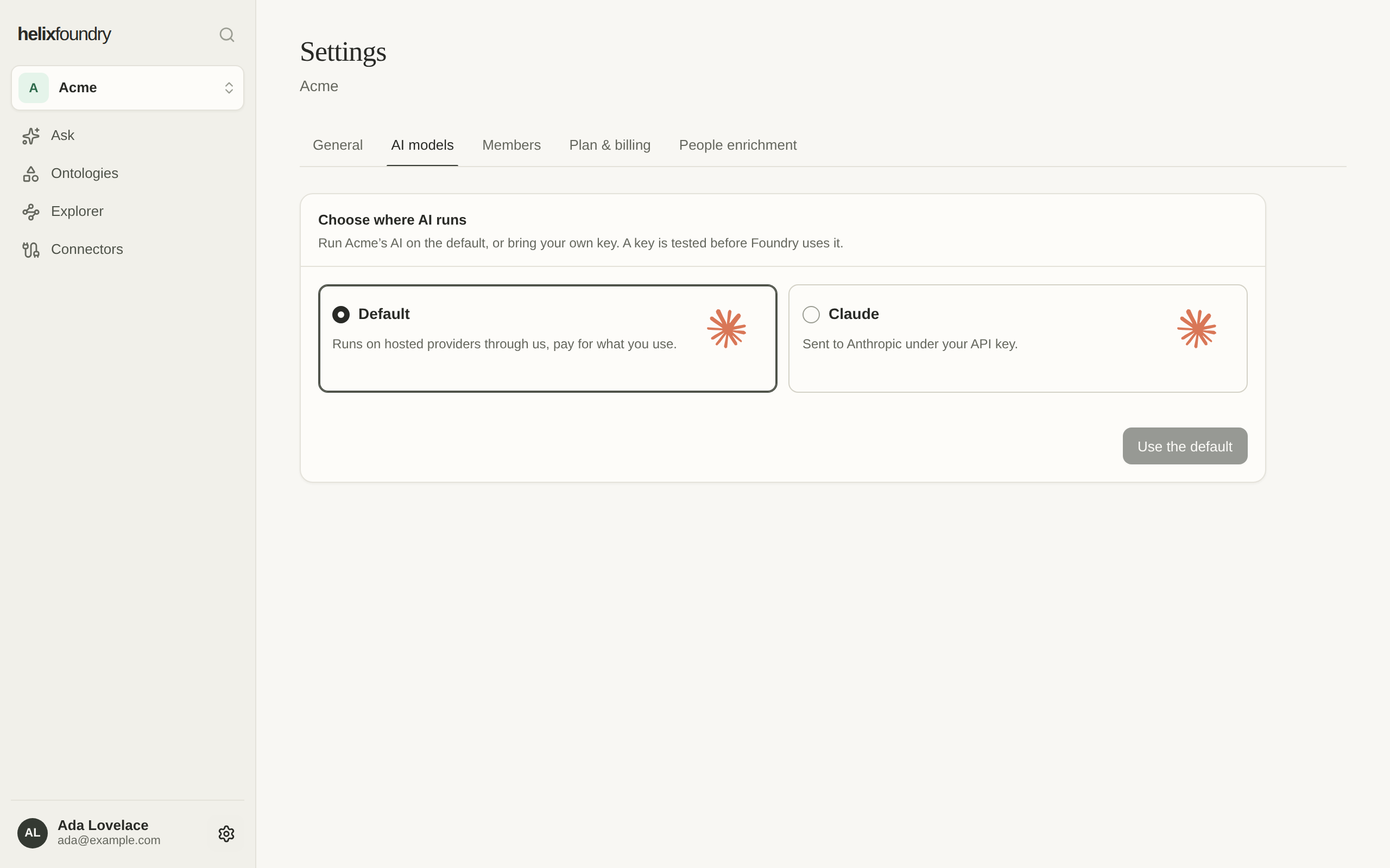 Settings, AI models: Choose where AI runs, with Default chosen and Claude, with your own API key