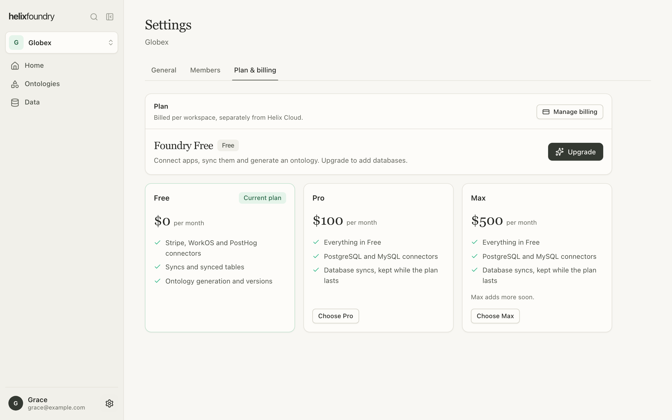 Plan & billing for a Free workspace with the Free, Pro and Max cards