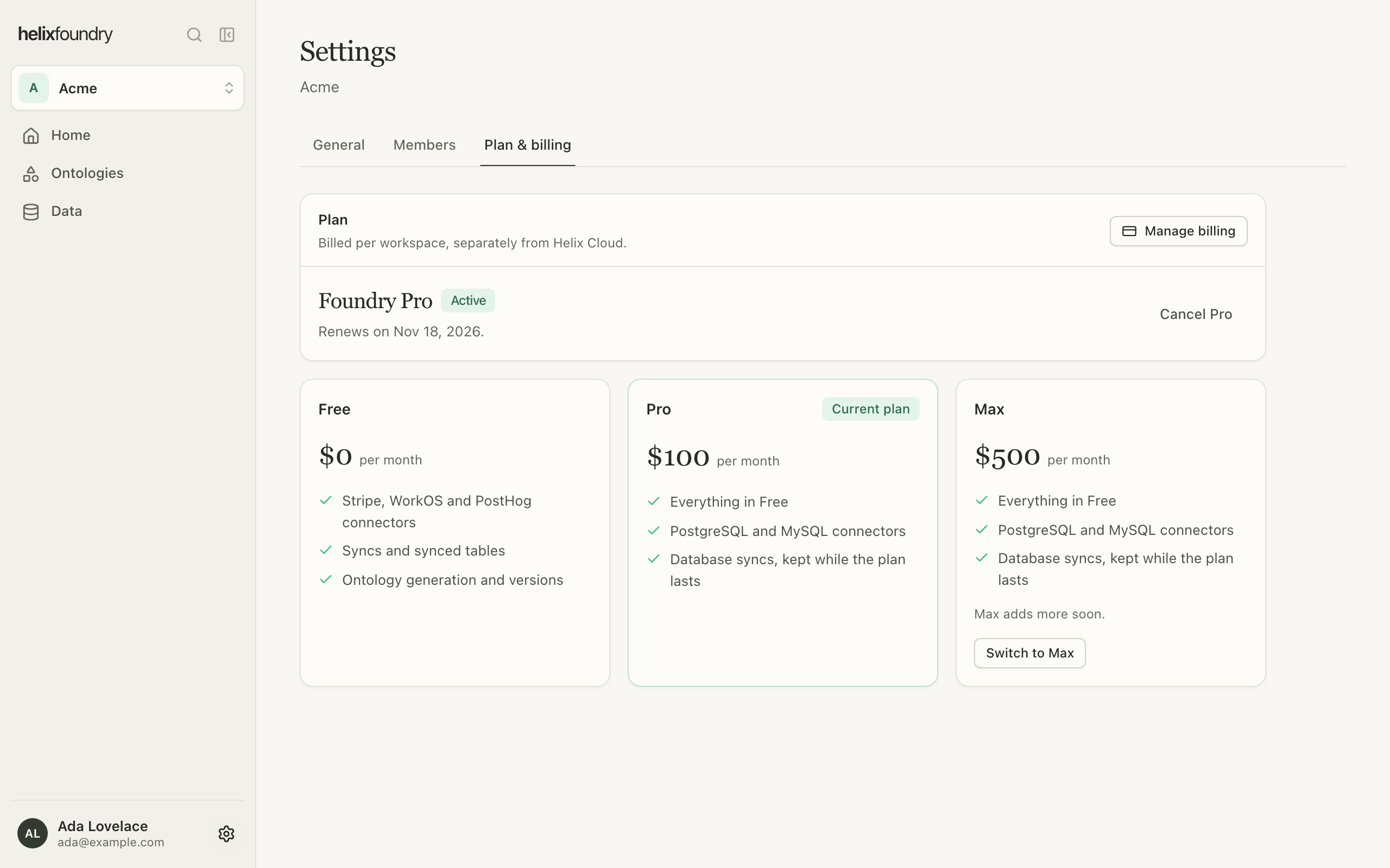 Plan & billing for a Pro workspace with Manage billing, Cancel Pro and Switch to Max