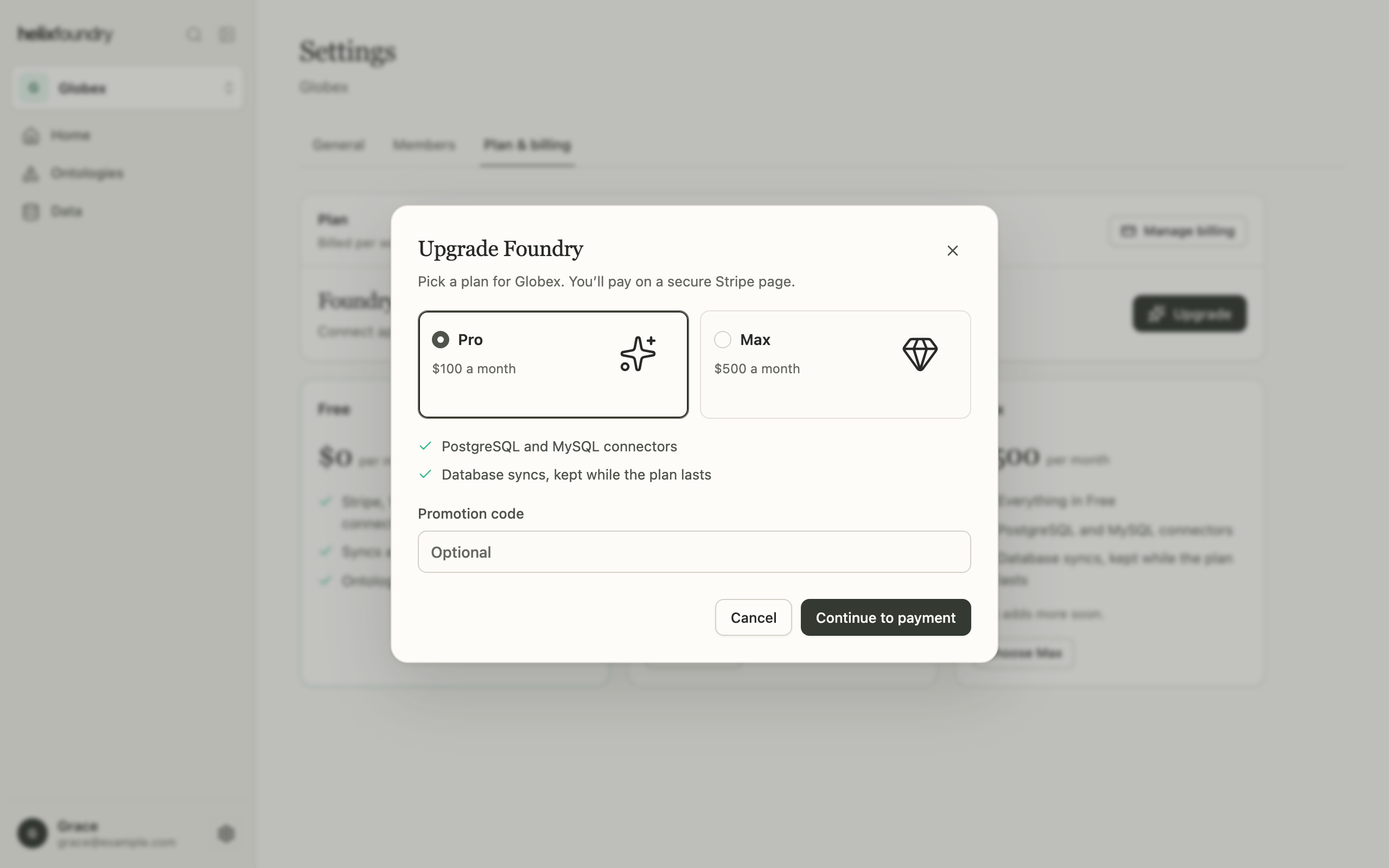 The Upgrade Foundry dialog with Pro selected and a promotion code field